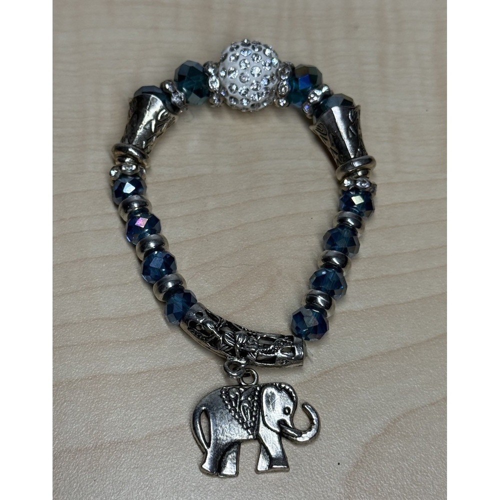 Blue Crystal Beaded Stretch Bracelet Good Luck Elephant Charm Silver Tone Boho